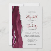 Modern Burgundy Silver Agate Gray QR Code Wedding 招待状 (正面)