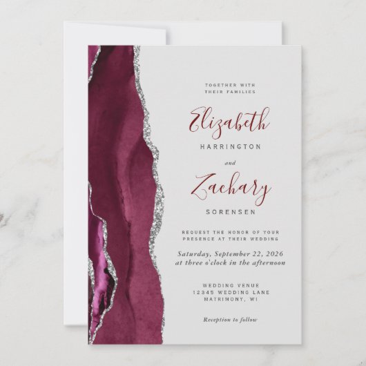 Modern Burgundy Silver Agate Gray QR Code Wedding 招待状 (正面)