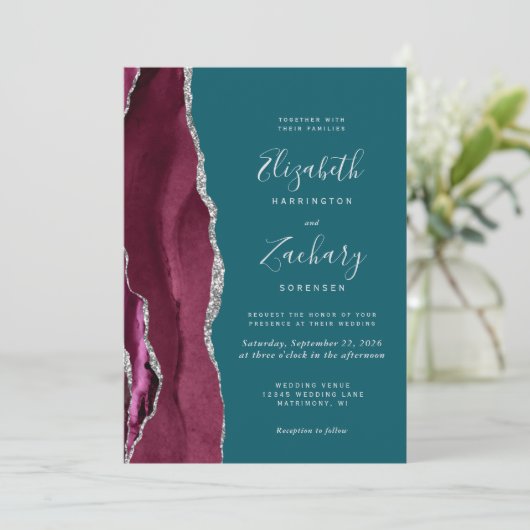 Modern Burgundy Silver Agate Teal Blue Wedding 招待状 (スタンド正面)