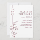 Modern Burgundy Typography Floral Line Art Wedding 招待状 (正面)