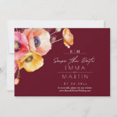 Modern Burgundy Watercolor Poppies Floral Wedding セーブザデート (正面)