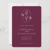 Modern Burgundy Wedding Monogram Minimalist セーブザデート (正面)