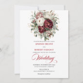 Modern Burgundy White Floral Gold Wedding Invite 招待状 (正面)