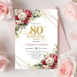 Modern Burgundy White Gold 80th Birthday Invite 招待状