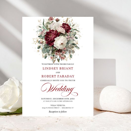 Modern Burgundy White Gold Floral Wedding Invite 招待状