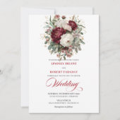 Modern Burgundy White Gold Floral Wedding Invite 招待状 (正面)