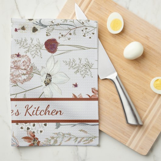 Modern Burgundy Wildflowers | Elegant Boho Floral  キッチンタオル (四つ折り)