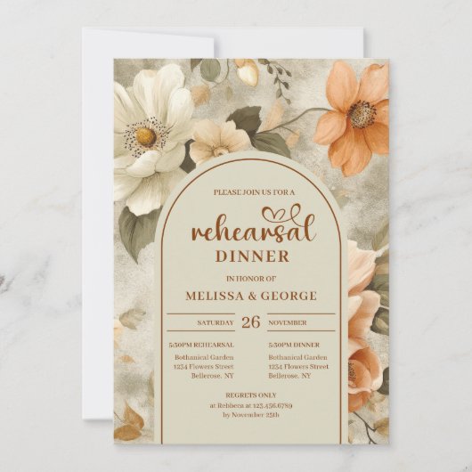 Modern Burnt Orange Ivory Sage Floral Rehearsal  招待状 (正面)