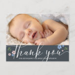 Modern Calligraphy Baby Shower Thank You Photo ポストカード<br><div class="desc">This pretty postcard features modern calligraphy "thank you" with graphic flowers overlaying in dark blue with your favorite photo. On the back of the postcard customize the message or delete the text for a handwritten message. Message me if you need assistance or have any special requests.</div>