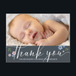 Modern Calligraphy Baby Shower Thank You Photo ポストカード<br><div class="desc">This pretty postcard features modern calligraphy "thank you" with graphic flowers overlaying in dark blue with your favorite photo. On the back of the postcard customize the message or delete the text for a handwritten message. Message me if you need assistance or have any special requests.</div>