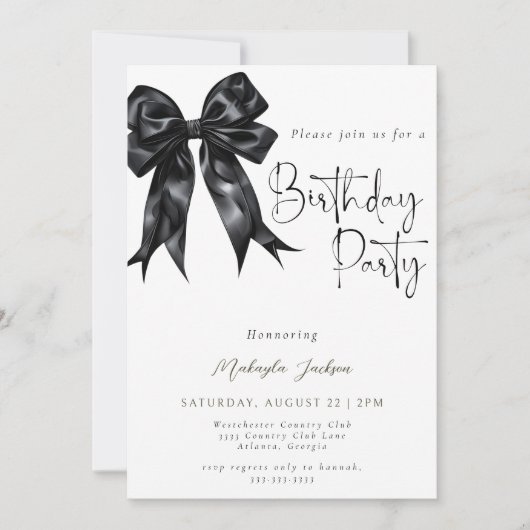 Modern Calligraphy Black Bow Birthday Invitation 招待状 (正面)