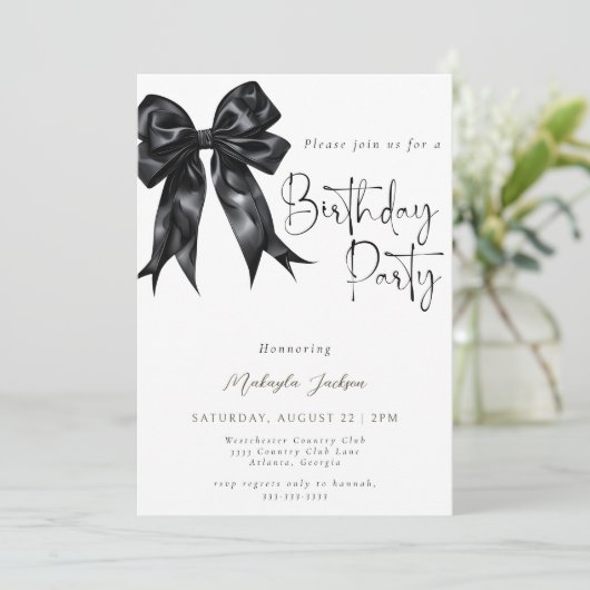 Modern Calligraphy Black Bow Birthday Invitation 招待状 (スタンド正面)