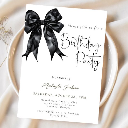 Modern Calligraphy Black Bow Birthday Invitation 招待状