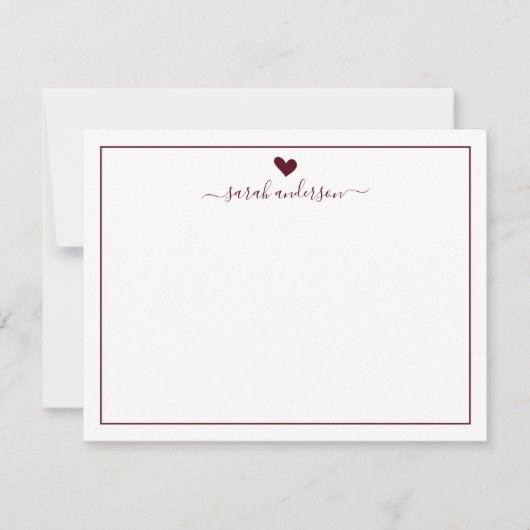 Modern Calligraphy Burgundy Heart Personalized ノートカード (正面)