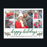 Modern Calligraphy Green Happy Holidays 5 Photo<br><div class="desc">Modern Calligraphy Script 5 Photo Couple Photo Collage Happy Holidays Postcard includes Watercolor Christmas Holly Berries</div>