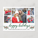 Modern Calligraphy Green Happy Holidays 5 Photo ポストカード<br><div class="desc">Modern Calligraphy Script 5 Photo Couple Photo Collage Happy Holidays Postcard includes Watercolor Christmas Holly Berries</div>