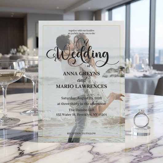 Modern Calligraphy Photo Faux Gold Wedding  招待状