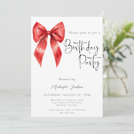 Modern Calligraphy Red Bow Birthday Invitation 招待状 (スタンド正面)