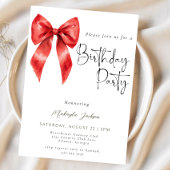 Modern Calligraphy Red Bow Birthday Invitation 招待状