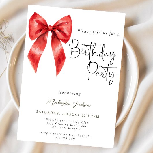 Modern Calligraphy Red Bow Birthday Invitation 招待状