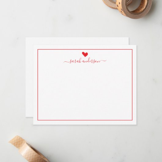 Modern Calligraphy Red Heart Personalized ノートカード (正面/裏面インサイチュ)