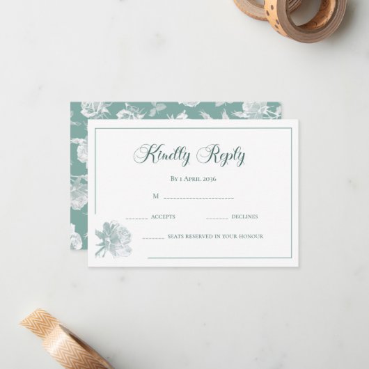 Modern Calligraphy Sage Green Floral Wedding RSVP  ノートカード (正面/裏面インサイチュ)