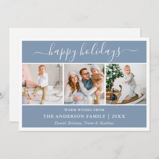 Modern Calligraphy Script Dusty Blue 3 Photo シーズンカード (正面/裏面)