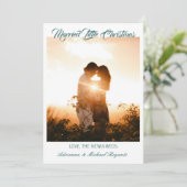 Modern Calligraphy Teal Married Little Christmas シーズンカード (スタンド正面)