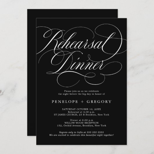 Modern calligraphy timeless Black Rehearsal Dinner 招待状 (正面/裏面)