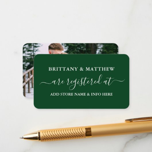 Modern Calligraphy Wedding Registry Photo Green エンクロージャーカード (正面/裏面インサイチュ)