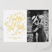 Modern Calligraphy Wreath Happy New Year Photo 箔シーズンカード (正面)