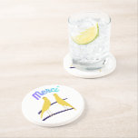 Modern Canary & "Merci" - Japandi Style Art コースター<br><div class="desc">This design features a pair of charming yellow canaries with the word "Merci" (Thank You),  inspired by the legendary Japanese graphic designer Hisui Sugiura. It blends the nostalgic "Taisho Romance" aesthetic with a modern color gradient,  creating a unique "Retro-Modern" style.</div>