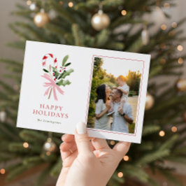 Modern Candy Cane Holly & Bow Photo Holiday Card シーズンカード