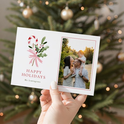 Modern Candy Cane Holly & Bow Photo Holiday Card シーズンカード