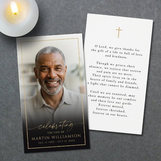 Modern Celebration of Life Cross Photo Prayer Card
