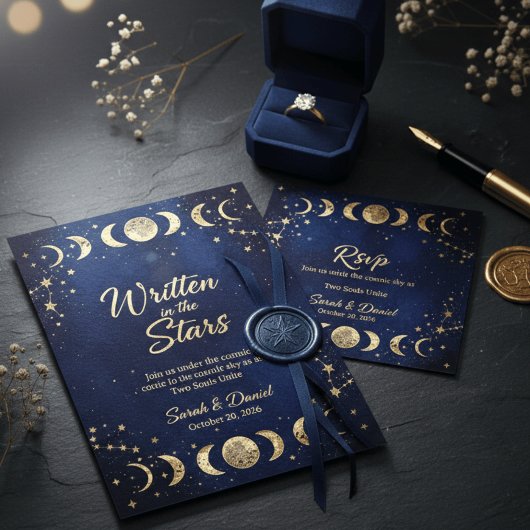 Modern Celestial Navy and Gold Moon Stars Wedding  招待状