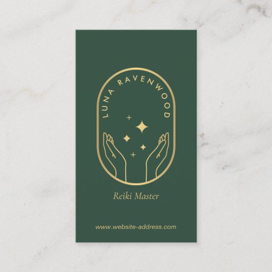 Modern Celestial Reiki Master Healing Hands Green 名刺 (正面)