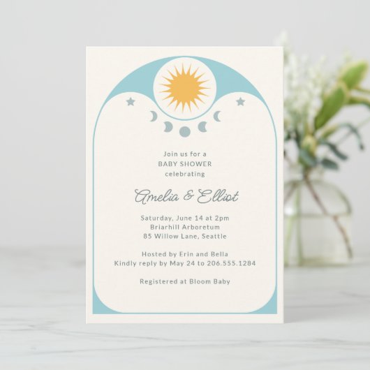 Modern Celestial Star Moon Soft Blue Baby Shower   招待状 (スタンド正面)