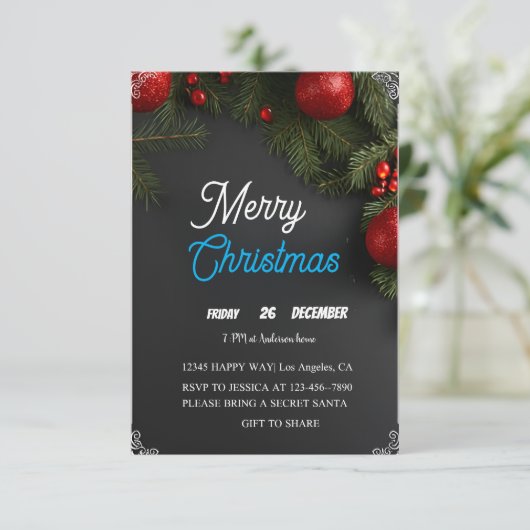 Modern Chalkboard Red Ornaments Christmas Party  招待状 (スタンド正面)