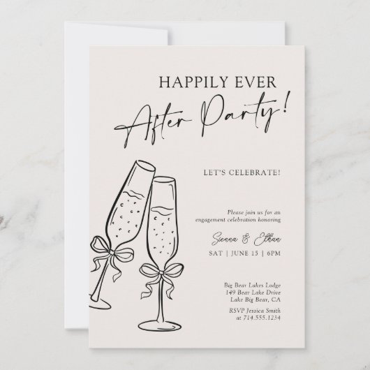 Modern Champagne Bow Happily Ever After Party 招待状 (正面)