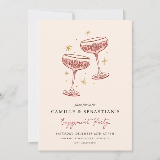 Modern Champagne Coupe Engagement Party Invitation 招待状 (正面)