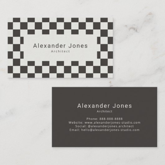 Modern Charcoal & Cream Checkered Pattern 名刺 (正面/裏面)