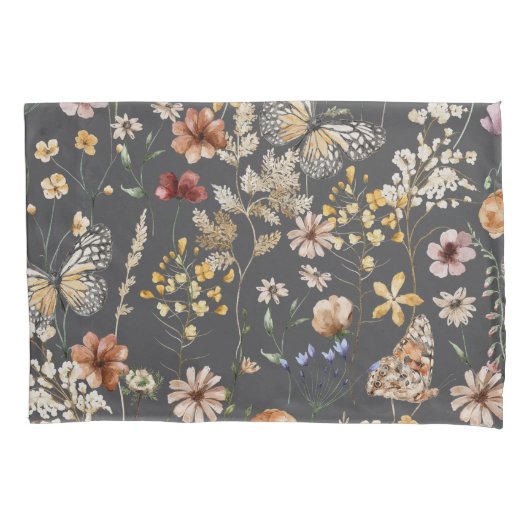 Modern Charcoal Gray Boho Wildflowers 枕カバー (正面)