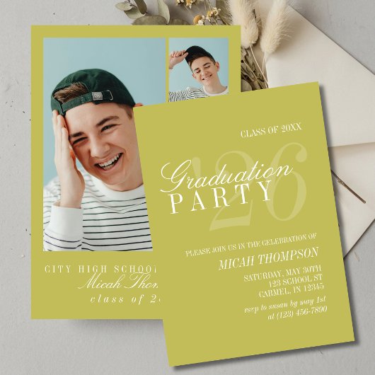 Modern Chartreuse Photo Graduation Party 招待状