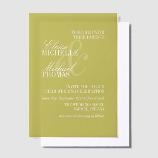 Modern Chartreuse Script Formal Wedding ベラム紙招待状 (オフセット)