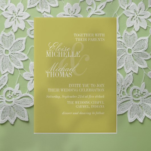 Modern Chartreuse Script Formal Wedding ベラム紙招待状