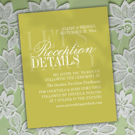 Modern Chartreuse Script Wedding Details エンクロージャーカード