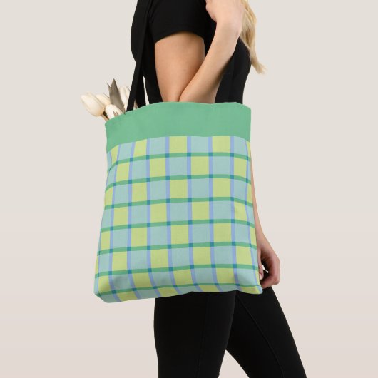 Modern Checker Blue Green Lime Pattern トートバッグ (クローズアップ)