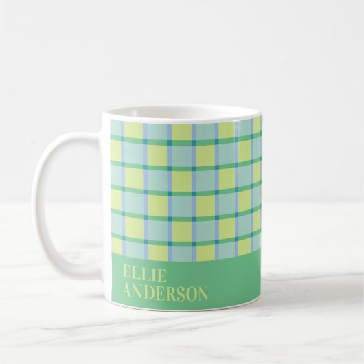 Modern Checker Blue Green Lime Personalized コーヒーマグカップ (左)