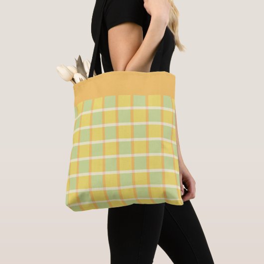 Modern Checker Green Yellow Orange Pattern トートバッグ (クローズアップ)